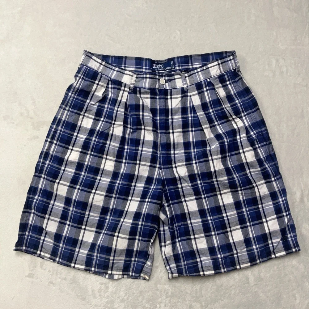 Vintage Polo Ralph Lauren Shorts Plaid Double Pleated Pony Logo Blue Mens Fit 32